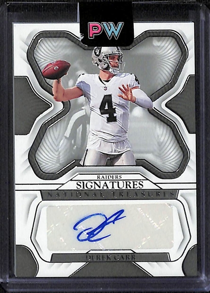 Lot of (3) Quarterback Autographs Cards- 2023 Prizm Jared Goff Red Shimmer (#/35), 2022 National Treasures Derek Carr, 2023 Phoenix Derek Carr Orange (#/20)