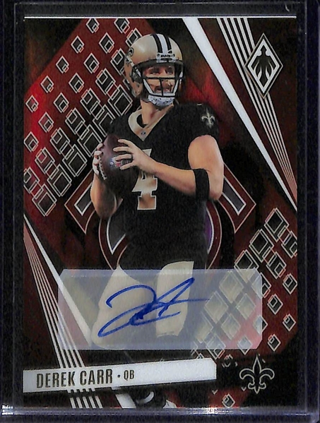 Lot of (3) Quarterback Autographs Cards- 2023 Prizm Jared Goff Red Shimmer (#/35), 2022 National Treasures Derek Carr, 2023 Phoenix Derek Carr Orange (#/20)