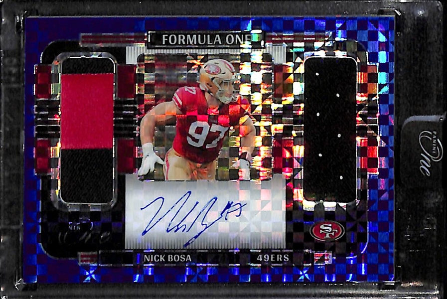 Lot of (2) Football Cards- 2021 Panini One Nick Bosa Autograph Dual Patch (#/75), 2023 Prizm Jaylen Waddle Gold Shimmer (#/10)