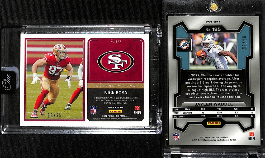 Lot of (2) Football Cards- 2021 Panini One Nick Bosa Autograph Dual Patch (#/75), 2023 Prizm Jaylen Waddle Gold Shimmer (#/10)