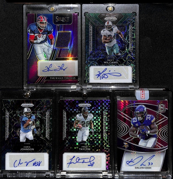 Lot of (5) Veteran Running Back Autographs inc. 2021 Select Thurman Thomas Patch Purple (#/49), 2022 Prizm Ricky Williams Green Scope (#/75),+