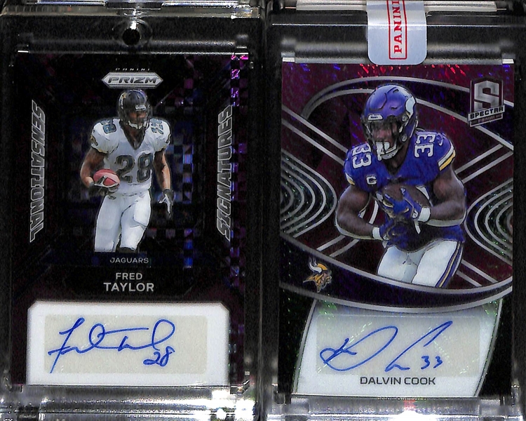 Lot of (5) Veteran Running Back Autographs inc. 2021 Select Thurman Thomas Patch Purple (#/49), 2022 Prizm Ricky Williams Green Scope (#/75),+