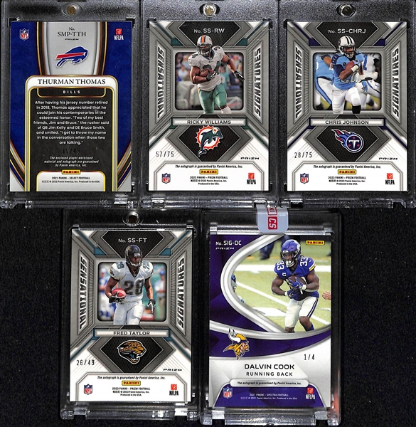 Lot of (5) Veteran Running Back Autographs inc. 2021 Select Thurman Thomas Patch Purple (#/49), 2022 Prizm Ricky Williams Green Scope (#/75),+