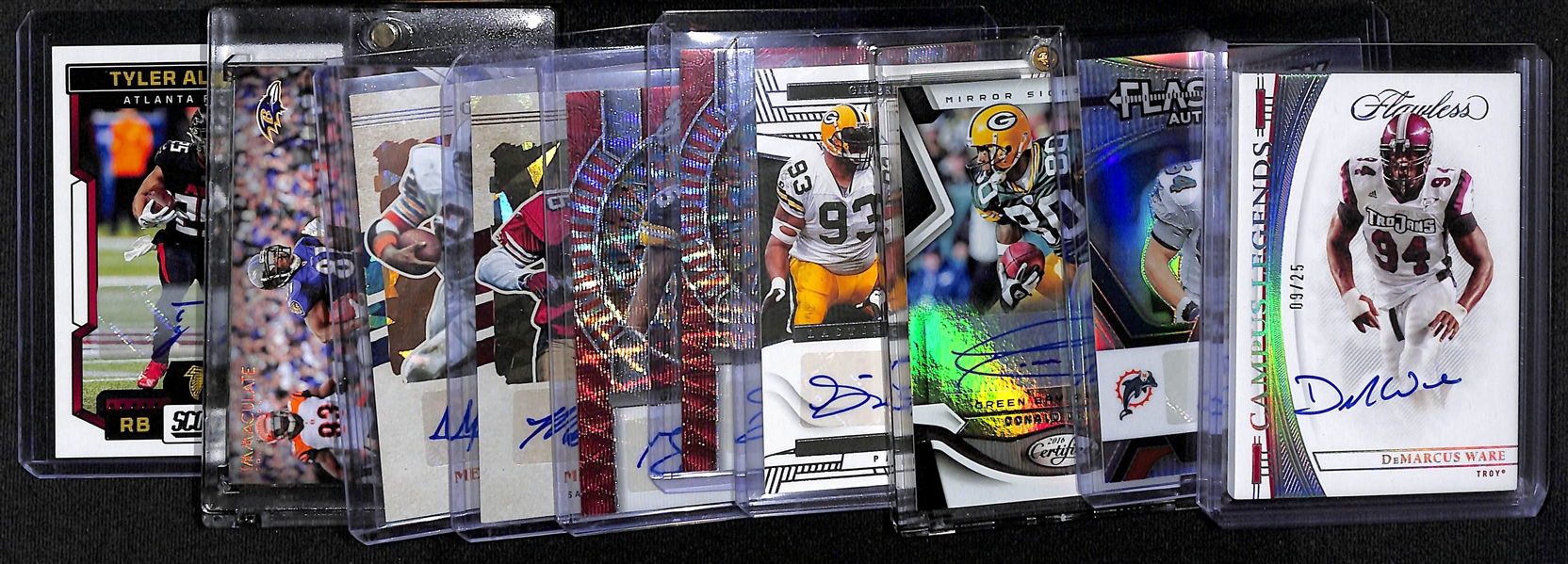 Lot of (10) Veteran Football Autographs inc. 2023 Flawless Collegiate Demarcus Ware (#/25), 2023 Prizm Zach Thomas (#/100), 2016 Certified Donald Driver (#/25),+