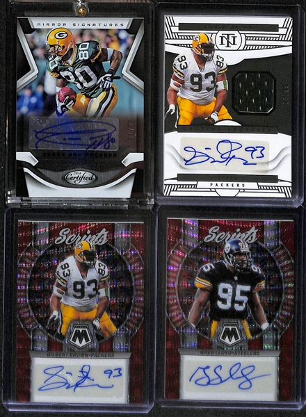 Lot of (10) Veteran Football Autographs inc. 2023 Flawless Collegiate Demarcus Ware (#/25), 2023 Prizm Zach Thomas (#/100), 2016 Certified Donald Driver (#/25),+