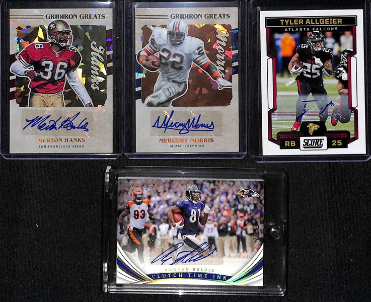 Lot of (10) Veteran Football Autographs inc. 2023 Flawless Collegiate Demarcus Ware (#/25), 2023 Prizm Zach Thomas (#/100), 2016 Certified Donald Driver (#/25),+