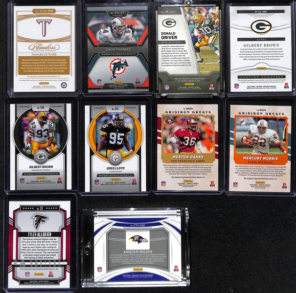 Lot of (10) Veteran Football Autographs inc. 2023 Flawless Collegiate Demarcus Ware (#/25), 2023 Prizm Zach Thomas (#/100), 2016 Certified Donald Driver (#/25),+