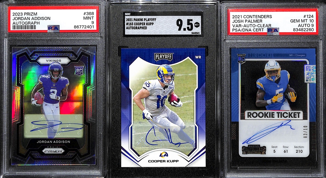 Lot of (3) Graded Football Autographs - 2023 Prizm Jordan Addison Rookie (PSA 9), 2021 Playoff Cooper Kupp (SGC 9.5), 2021 Contenders Josh Palmer Clear Variation (PSA 10) (9 Auto) (#/10)