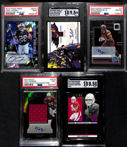 Lot of (5) Graded Football Rookie Cards- 2019 Prizm Josh Jacobs Blue Ice (PSA 9) (#/99), 2023 Chronicles Draft Picks Sam Laporta Impeccable Red (SGC 9.5) (10 Auto) (#/199), +