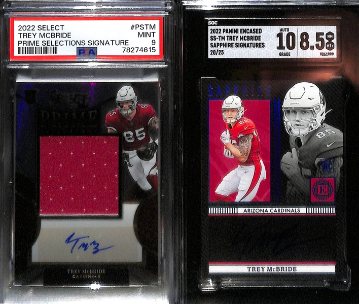 Lot of (5) Graded Football Rookie Cards- 2019 Prizm Josh Jacobs Blue Ice (PSA 9) (#/99), 2023 Chronicles Draft Picks Sam Laporta Impeccable Red (SGC 9.5) (10 Auto) (#/199), +