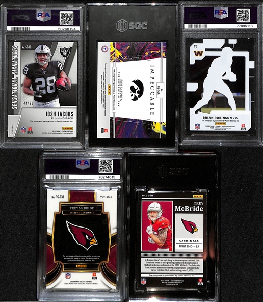 Lot of (5) Graded Football Rookie Cards- 2019 Prizm Josh Jacobs Blue Ice (PSA 9) (#/99), 2023 Chronicles Draft Picks Sam Laporta Impeccable Red (SGC 9.5) (10 Auto) (#/199), +