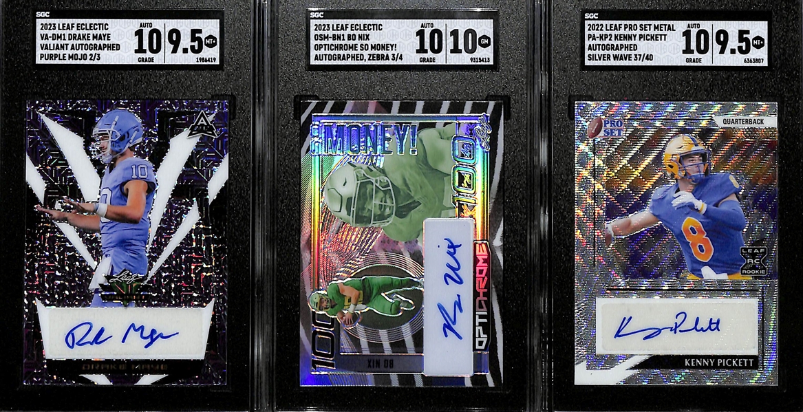 Lot of (3) SGC Graded Leaf Quarterback Rookie Autographs- Electric Drake Maye (SGC 9.5) (10 Auto) (#/3), Electric Bo Nix (SGC 10) (10 Auto) (#/4) 2022 Metal Kenny Pickett (SGC 9.5) (10 Auto) (#/40)