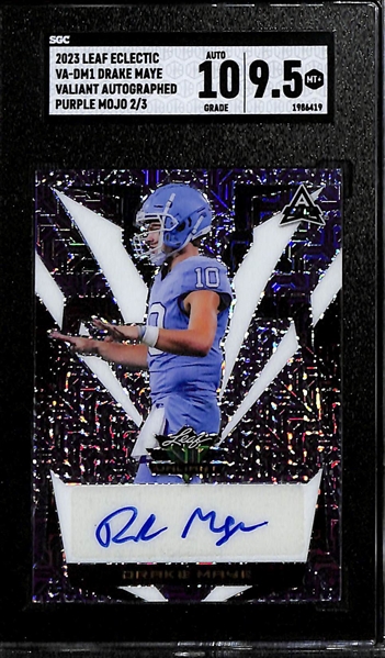 Lot of (3) SGC Graded Leaf Quarterback Rookie Autographs- Electric Drake Maye (SGC 9.5) (10 Auto) (#/3), Electric Bo Nix (SGC 10) (10 Auto) (#/4) 2022 Metal Kenny Pickett (SGC 9.5) (10 Auto) (#/40)