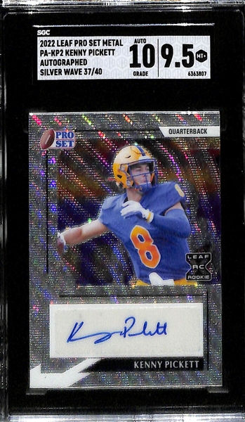 Lot of (3) SGC Graded Leaf Quarterback Rookie Autographs- Electric Drake Maye (SGC 9.5) (10 Auto) (#/3), Electric Bo Nix (SGC 10) (10 Auto) (#/4) 2022 Metal Kenny Pickett (SGC 9.5) (10 Auto) (#/40)