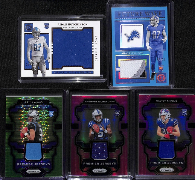 Lot of (14) Football Rookie Jersey Patch Cards inc. (2) Aidan Hutchinson, Prizm Bryce Young, Prizm Anthony Richardson, (2) Dalton Kincaid,+ 