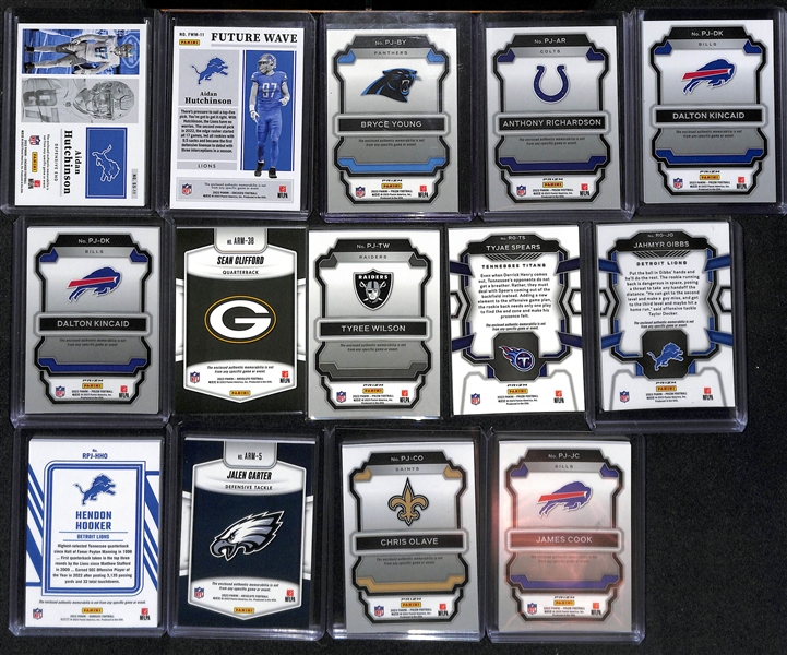 Lot of (14) Football Rookie Jersey Patch Cards inc. (2) Aidan Hutchinson, Prizm Bryce Young, Prizm Anthony Richardson, (2) Dalton Kincaid,+ 