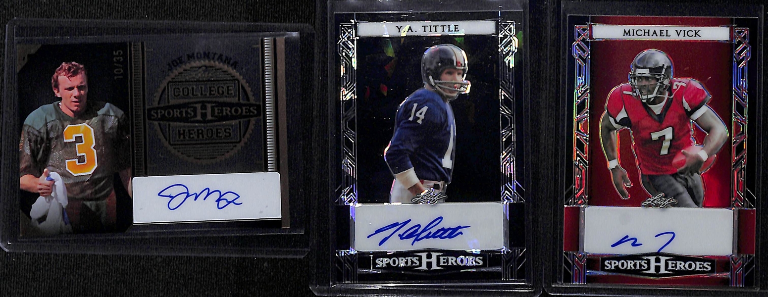 Lot of (3) 2024 Leaf Sports Heroes Football Quarterback Autographs- Joe Montana (#/35), Michael Vick (#/25), YA Tittle (#/7)