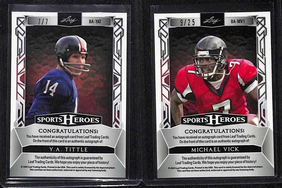 Lot of (3) 2024 Leaf Sports Heroes Football Quarterback Autographs- Joe Montana (#/35), Michael Vick (#/25), YA Tittle (#/7)