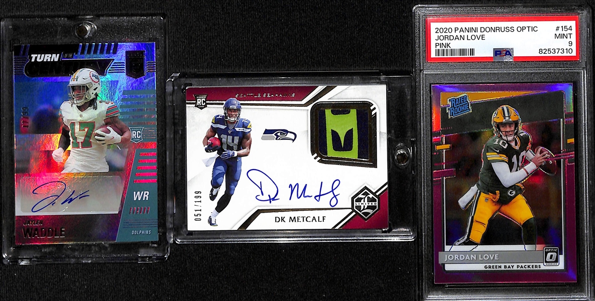 Lot of (3) Football Rookie Cards- 2021 Elite Jaylen Waddle Autograph (#/99), 2019 Limited DK Metcalf Autograph Patch (#/199), 2020 Donruss Optic Jordan Love Pink (PSA 9)