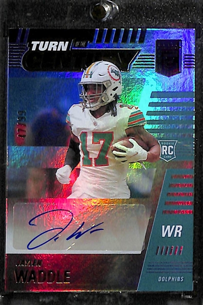 Lot of (3) Football Rookie Cards- 2021 Elite Jaylen Waddle Autograph (#/99), 2019 Limited DK Metcalf Autograph Patch (#/199), 2020 Donruss Optic Jordan Love Pink (PSA 9)