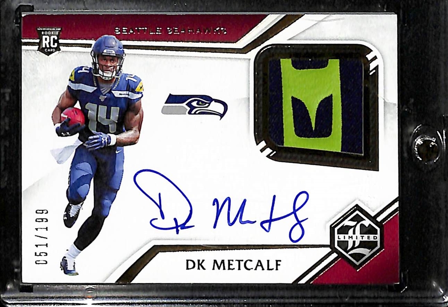 Lot of (3) Football Rookie Cards- 2021 Elite Jaylen Waddle Autograph (#/99), 2019 Limited DK Metcalf Autograph Patch (#/199), 2020 Donruss Optic Jordan Love Pink (PSA 9)