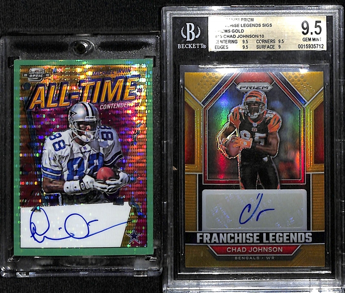 Lot of (2) Retired Football Autographs- 2022 Contenders Optic Michael Irvin All Time Green Pulsar (#/10) + 2022 Prizm Chad Johnson Gold (#/10) (BGS 9.5)