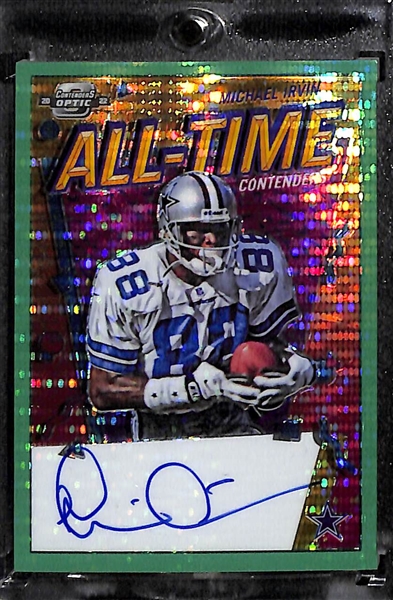 Lot of (2) Retired Football Autographs- 2022 Contenders Optic Michael Irvin All Time Green Pulsar (#/10) + 2022 Prizm Chad Johnson Gold (#/10) (BGS 9.5)