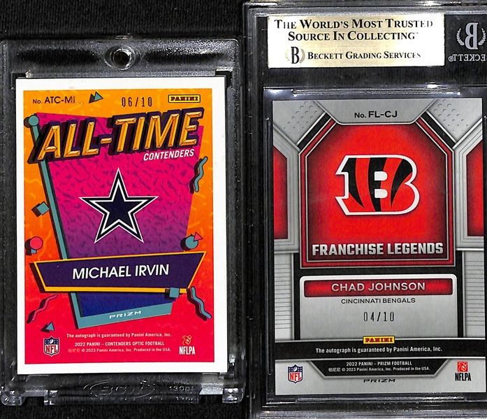 Lot of (2) Retired Football Autographs- 2022 Contenders Optic Michael Irvin All Time Green Pulsar (#/10) + 2022 Prizm Chad Johnson Gold (#/10) (BGS 9.5)