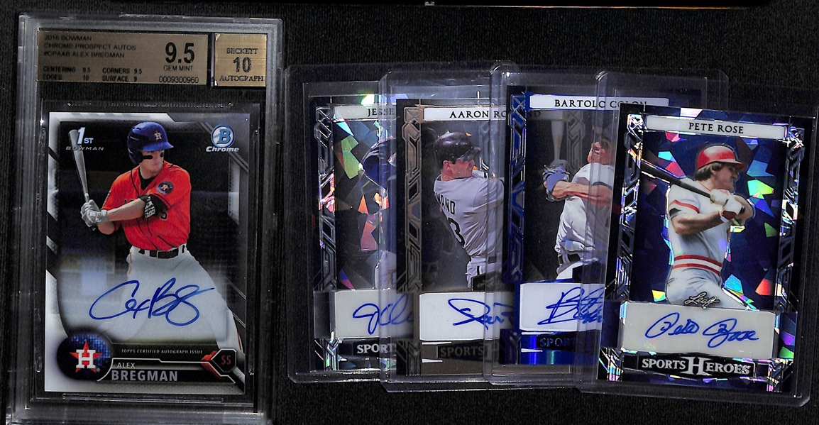 Lot of (5) Baseball Autograph Cards inc. 2016 Bowman Chrome Alex Bregman Rookie (BGS 9.5), 2024 Leaf Sports Heroes Pete Rose (#/4), +