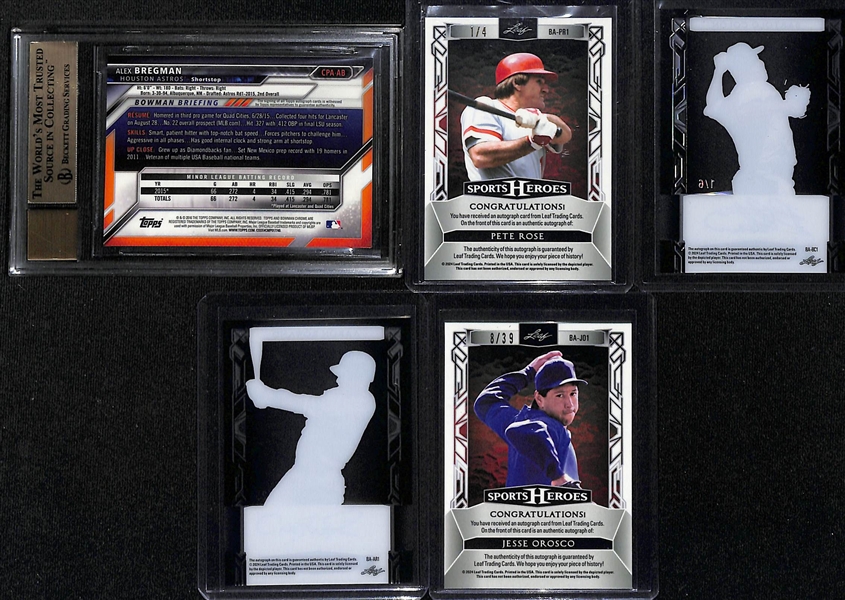 Lot of (5) Baseball Autograph Cards inc. 2016 Bowman Chrome Alex Bregman Rookie (BGS 9.5), 2024 Leaf Sports Heroes Pete Rose (#/4), +