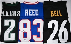 (3) Signed Football Jerseys - David Akers (Eagles - JSA), Andre Reed (HOF - Bills - Reed COA), LeVeon Bell (Steelers - JSA)