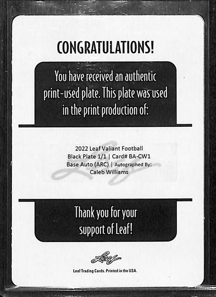 2022 Leaf Valiant Caleb Williams Rookie Autograph Printing Plate (#/1)