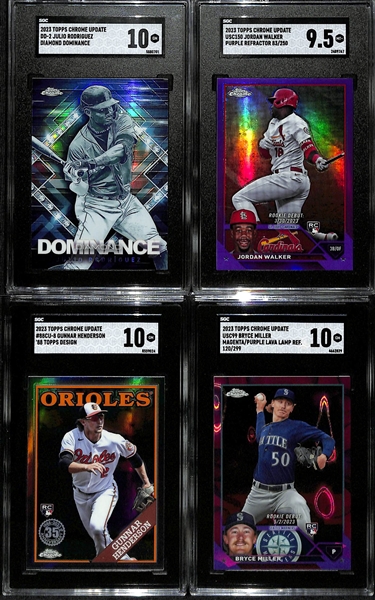 Lot of (9) SGC Graded 2023 Topps Chrome Update Cards inc. Julio Rodriguez Diamond Dominance (Case Hit) (SGC 10), Jordan Walker Rookie Purple Refractor (SGC 9.5) (#/250), +