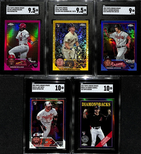 Lot of (9) SGC Graded 2023 Topps Chrome Update Cards inc. Julio Rodriguez Diamond Dominance (Case Hit) (SGC 10), Jordan Walker Rookie Purple Refractor (SGC 9.5) (#/250), +