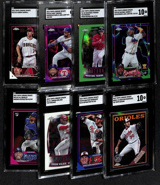 Lot of (8) SGC Graded 2023 Topps Chrome Update Cards inc. Michael Harris Rookie Blue Green Lava Refractor (SGC 10) (#/125), +