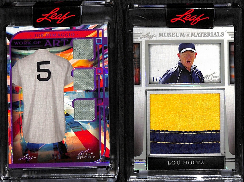 Lot of (3) 2023 Leaf Art of Sport Baseball Cards- Pete Rose/Paul Molitor Dual Autograph (#/8), Joe DiMaggio Jersey (#/5), Lou Holtz Jersey (#/2)