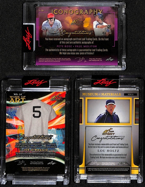 Lot of (3) 2023 Leaf Art of Sport Baseball Cards- Pete Rose/Paul Molitor Dual Autograph (#/8), Joe DiMaggio Jersey (#/5), Lou Holtz Jersey (#/2)