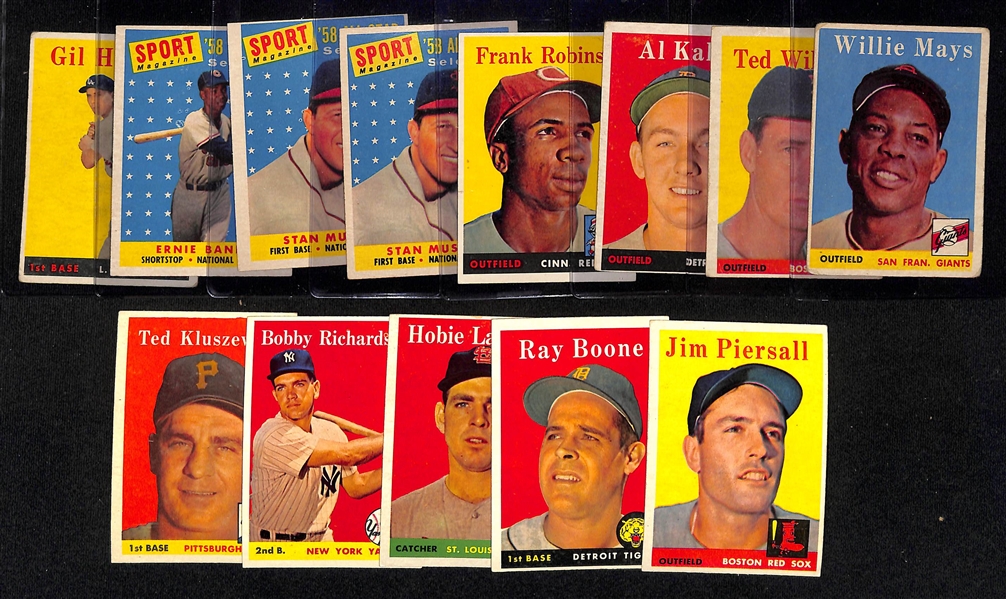 Lot of (13) 1958 Topps Baseball Cards w. Willie Mays and Ted Williams