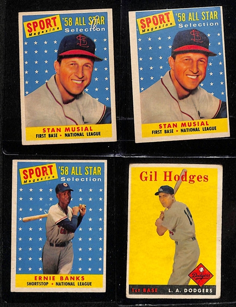 Lot of (13) 1958 Topps Baseball Cards w. Willie Mays and Ted Williams