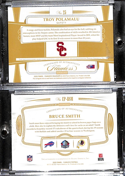 2020 Flawless Troy Polamalu Dual Patch Autograph #24/25 & 2020 Flawless Bruce Smith Autograph #9/10