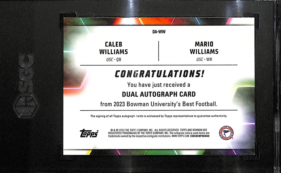 2023 Bowman's Best University Caleb Williams/Mario Williams Dual Rookie Autograph Orange Refractor Graded SGC 9.5 (#/25)