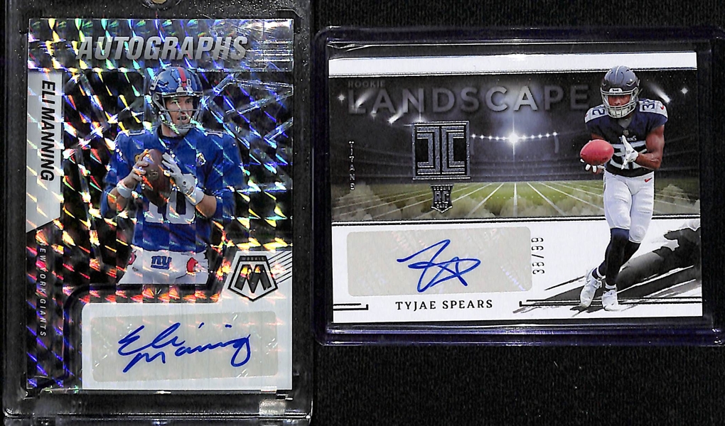 Lot of (6) Football Cards inc. 2022 Mosaic Eli Manning Autograph, 2023 Impeccable Tayjae Spears Rookie Autograph (#/99), +