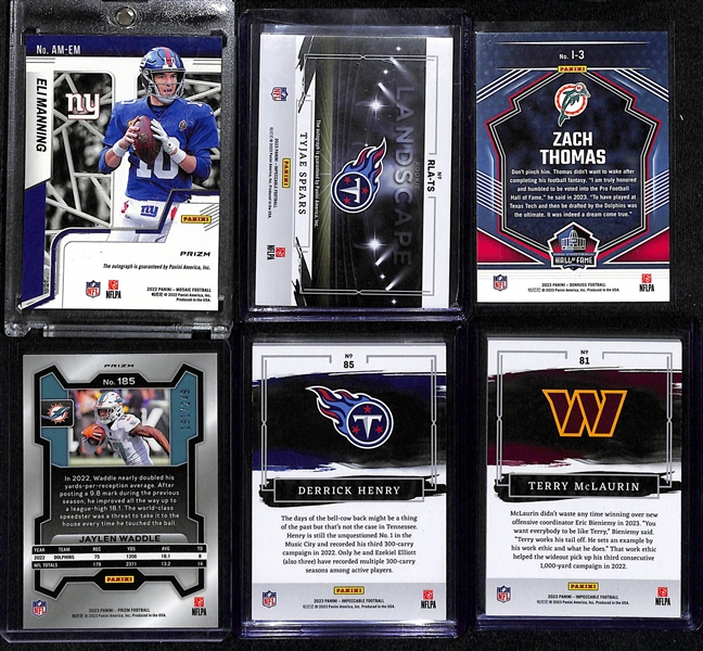 Lot of (6) Football Cards inc. 2022 Mosaic Eli Manning Autograph, 2023 Impeccable Tayjae Spears Rookie Autograph (#/99), +