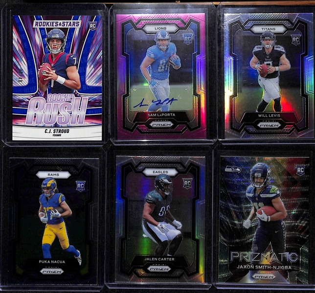 Lot of (22) Football Rookie Cards inc. 2023 Prizm Sam LaPorta Autograph Pink, 2023 Rookies and Stars CJ Stroud (#/49),2023 Prizm Will Levis Silver, +