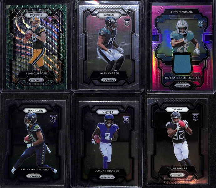 Lot of (22) Football Rookie Cards inc. 2023 Prizm Sam LaPorta Autograph Pink, 2023 Rookies and Stars CJ Stroud (#/49),2023 Prizm Will Levis Silver, +