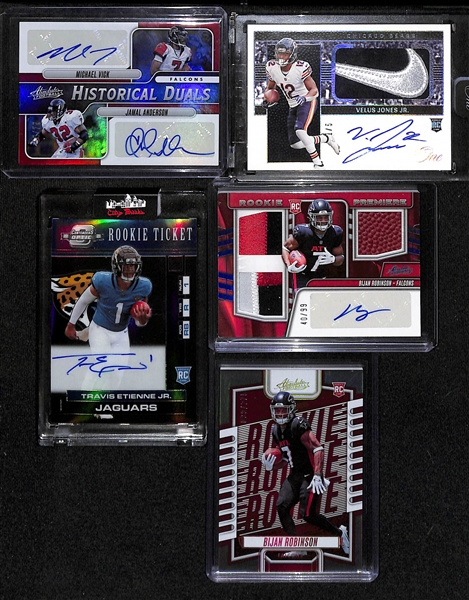 Lot of (5) Football Cards inc. 2023 Absolute Michael Vick/Jamal Anderson Dual Autograph (#/25), 2022 Panini One Velus Jones Jr Rookie Nike Swosh Autograph (#/5),+