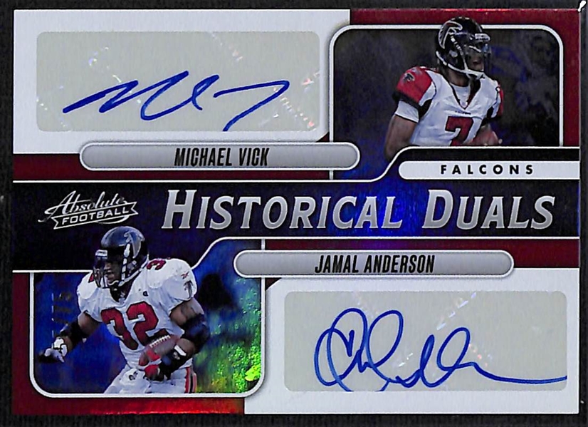 Lot of (5) Football Cards inc. 2023 Absolute Michael Vick/Jamal Anderson Dual Autograph (#/25), 2022 Panini One Velus Jones Jr Rookie Nike Swosh Autograph (#/5),+