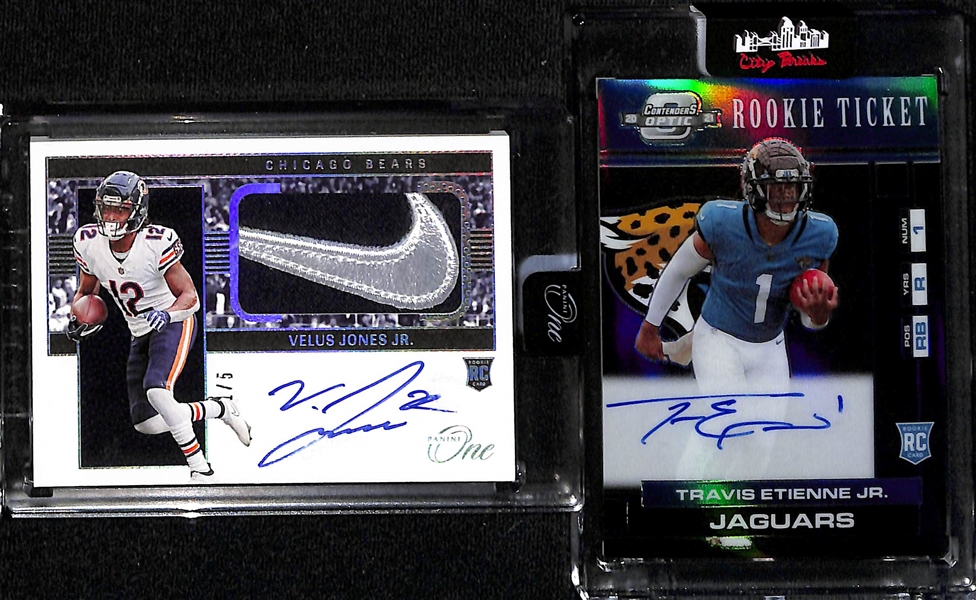 Lot of (5) Football Cards inc. 2023 Absolute Michael Vick/Jamal Anderson Dual Autograph (#/25), 2022 Panini One Velus Jones Jr Rookie Nike Swosh Autograph (#/5),+