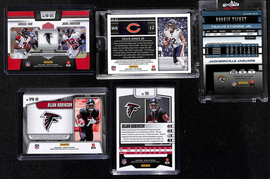 Lot of (5) Football Cards inc. 2023 Absolute Michael Vick/Jamal Anderson Dual Autograph (#/25), 2022 Panini One Velus Jones Jr Rookie Nike Swosh Autograph (#/5),+