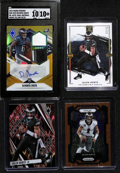 Lot of (4) Philadelphia Eagles Cards inc. 2021 Phoenix DeVonta Smith Rookie Dual Patch Autograph Yellow (SGC 10) (10 Auto) (#/35), 2023 Impeccable Jalen Hurts Gold (#/10), +